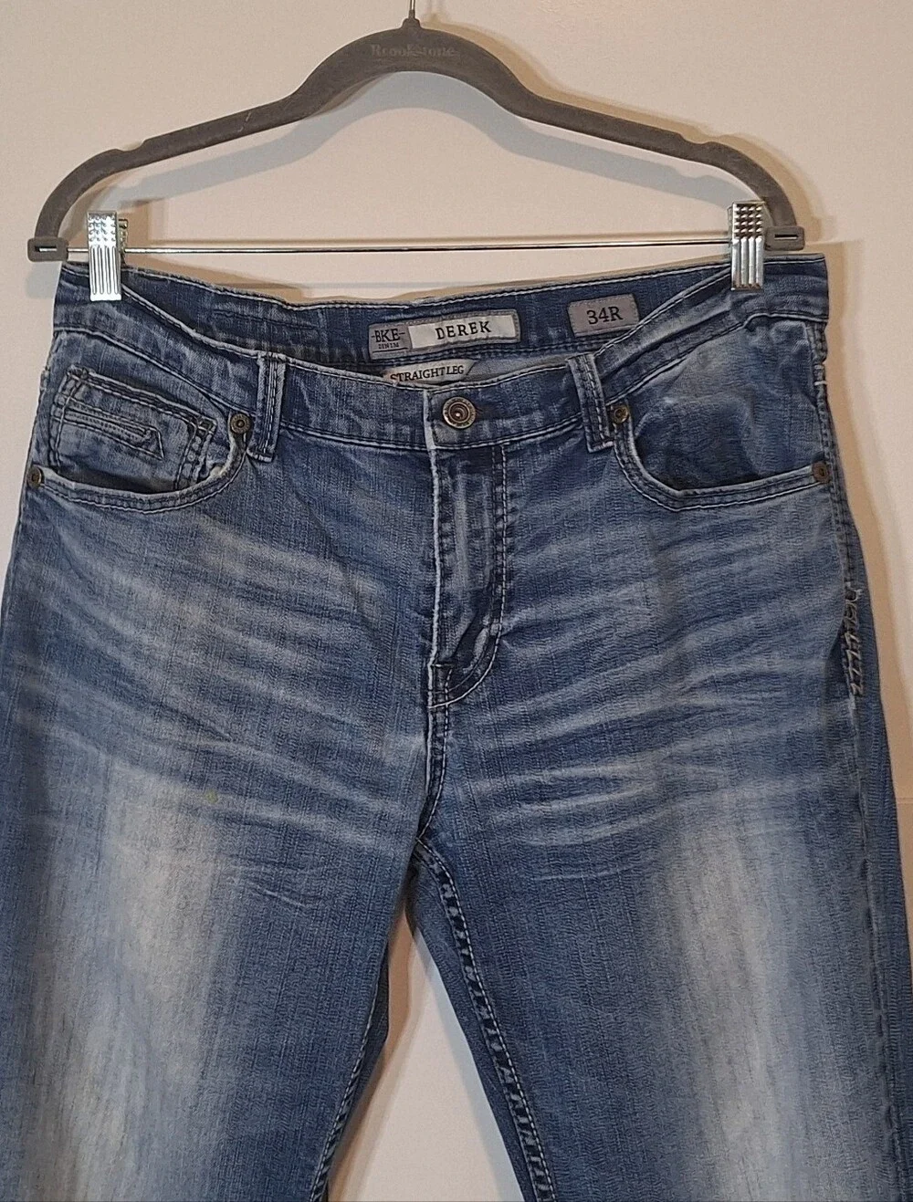 BKE Derek Straight Midrise Blue Jeans Whiskering Fading 34x29.5